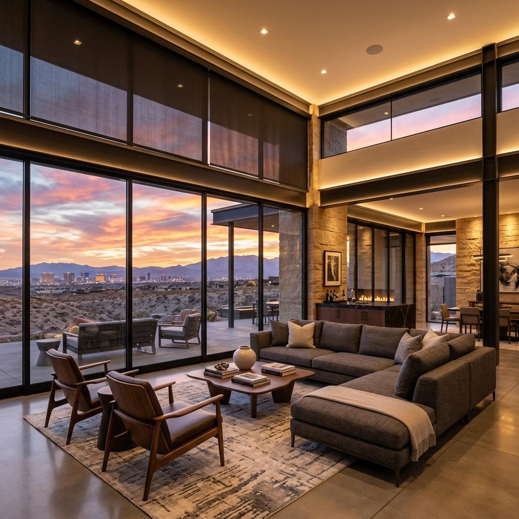 Luxury custom desert-modern residence at dusk