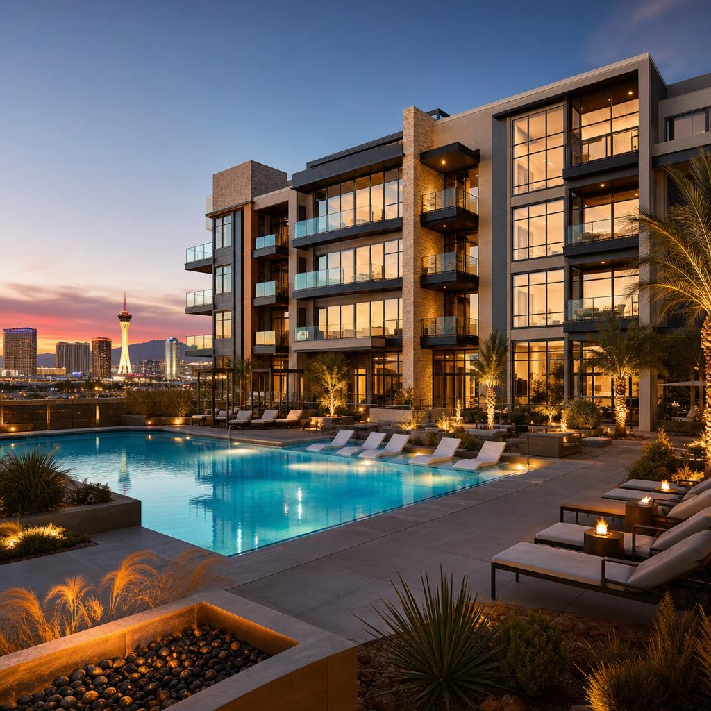 High-end multifamily luxury apartment development at dusk